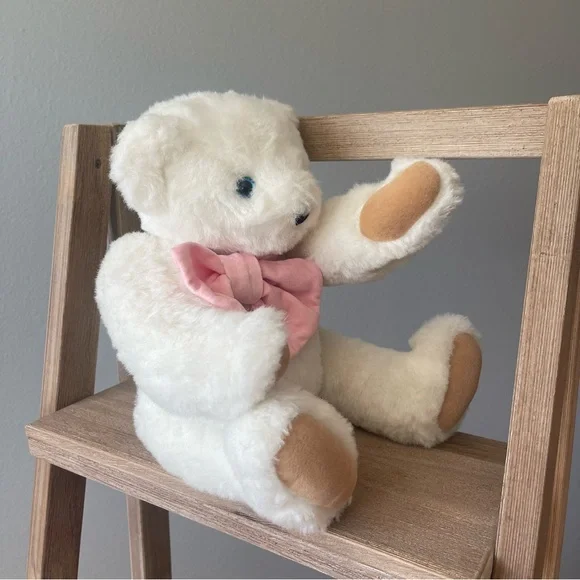 Cute Fluffy White Jointed Plush Bear with Pink Velvet Bow - Picture 12 of 13